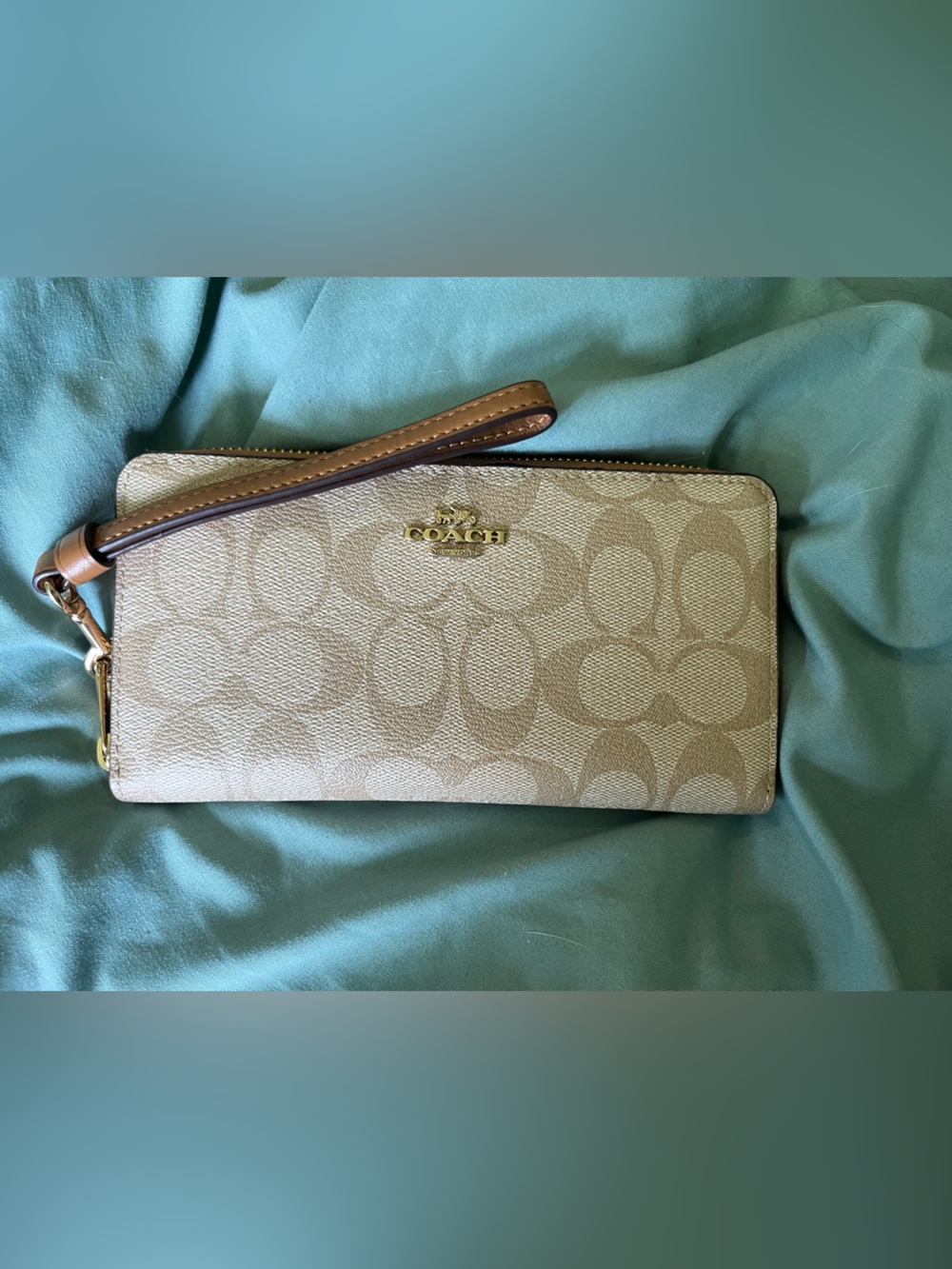 Coach Signature Canvas Wristlet in Beige Tan with Gold Hardware